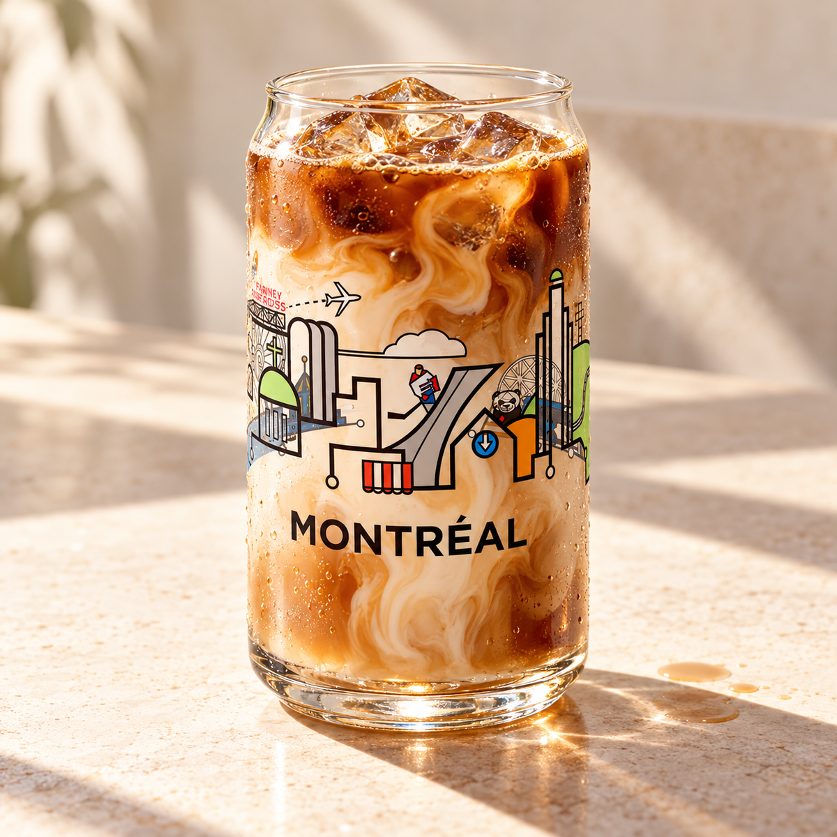 AI campaign scene of Montréal CityLine glass — coffee