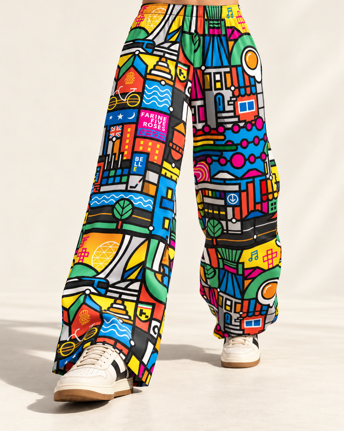 Editorial waist-down view of Loogart Signature pants in motion with cream sneakers